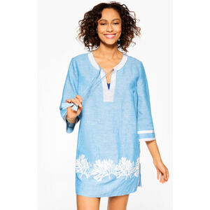 Talbots Womens M Blue White Linen Beaded Coral Cover Up Dress Boho Beach NEW